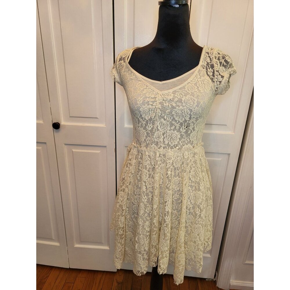 NWOT American Eagle Ivory Ruched  Lace  Mini Dress Cutout Back S Coquette Fairy